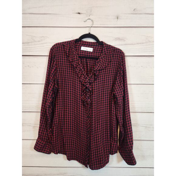 Time & Tru Womens Black Red Plaid Ruffle Long Sleeve Button Front Blouse Size XL - Picture 1 of 5